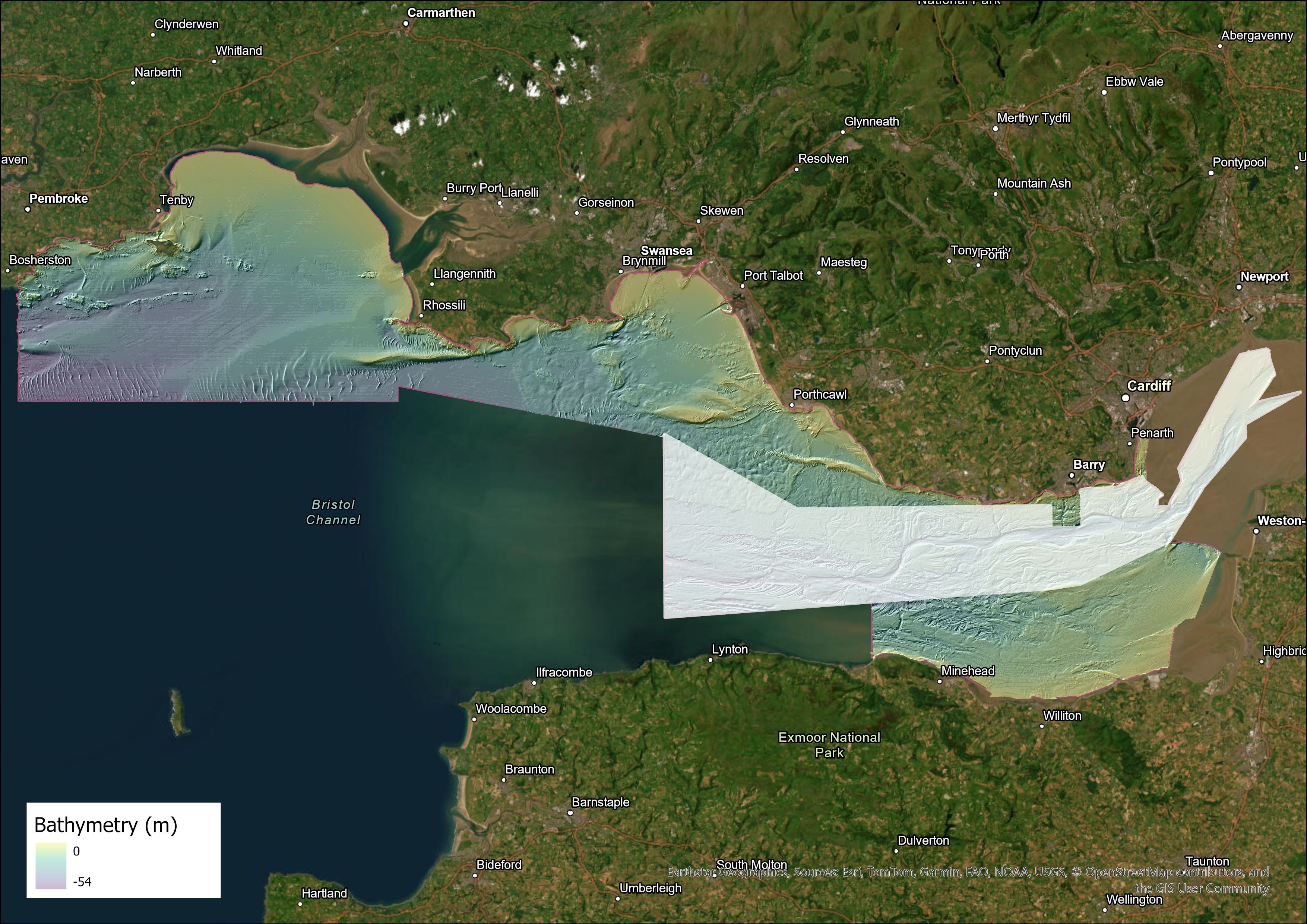 Extent of the extended Bristol Channel map, with the original shown in white