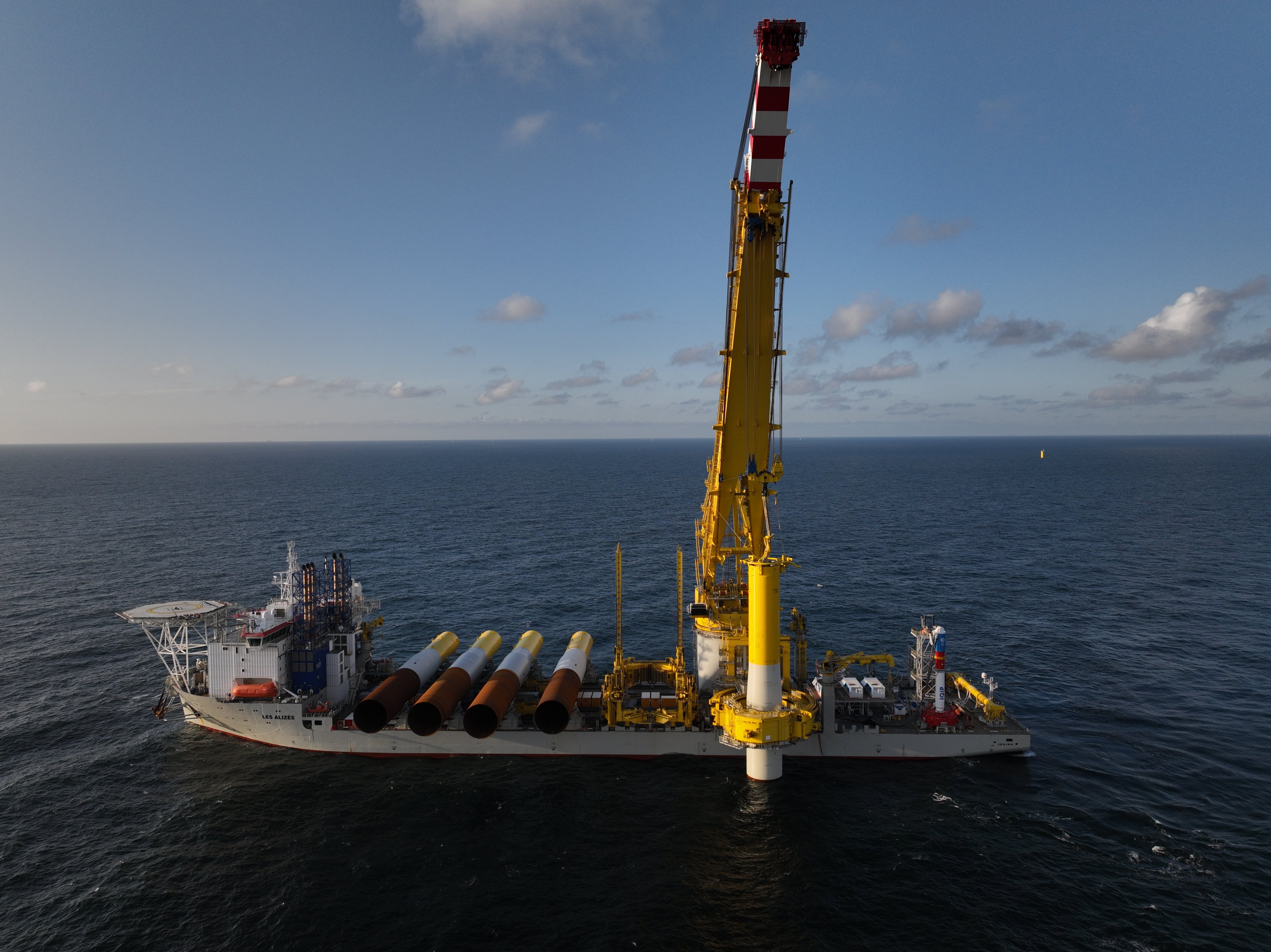 Floating installation vessel Les Alizés at Thor offshore wind farm