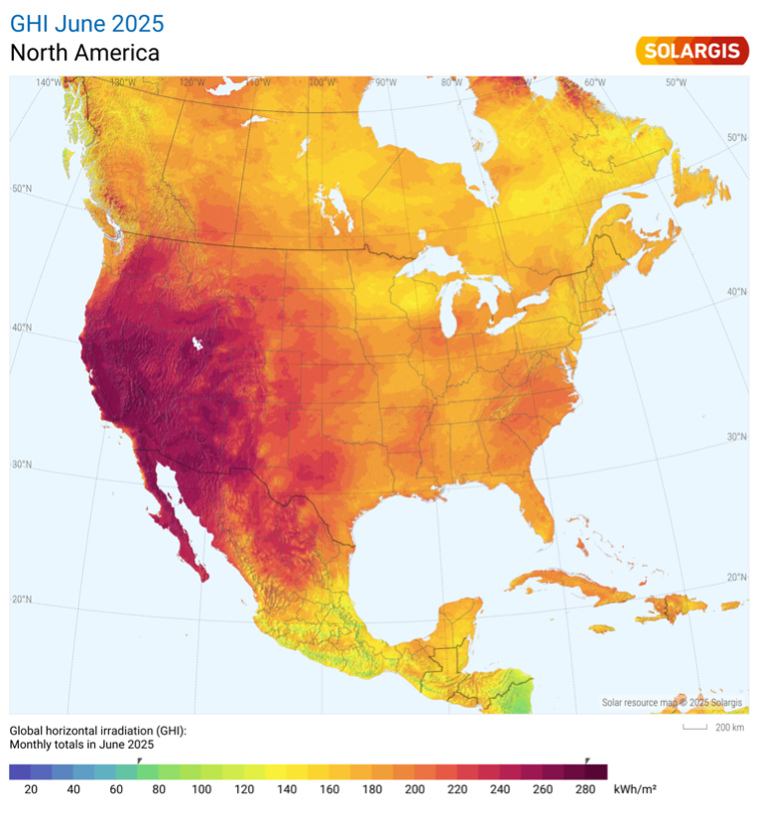 June global horizonal irradiation USA – showing potential of 280 kWh_m2