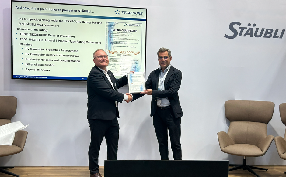 30 years of Stäubli PV connectors: Stäubli receives first TEXXECURE AA product rating image