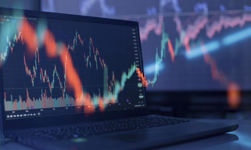 Business graph charts of financial board display candlestick double